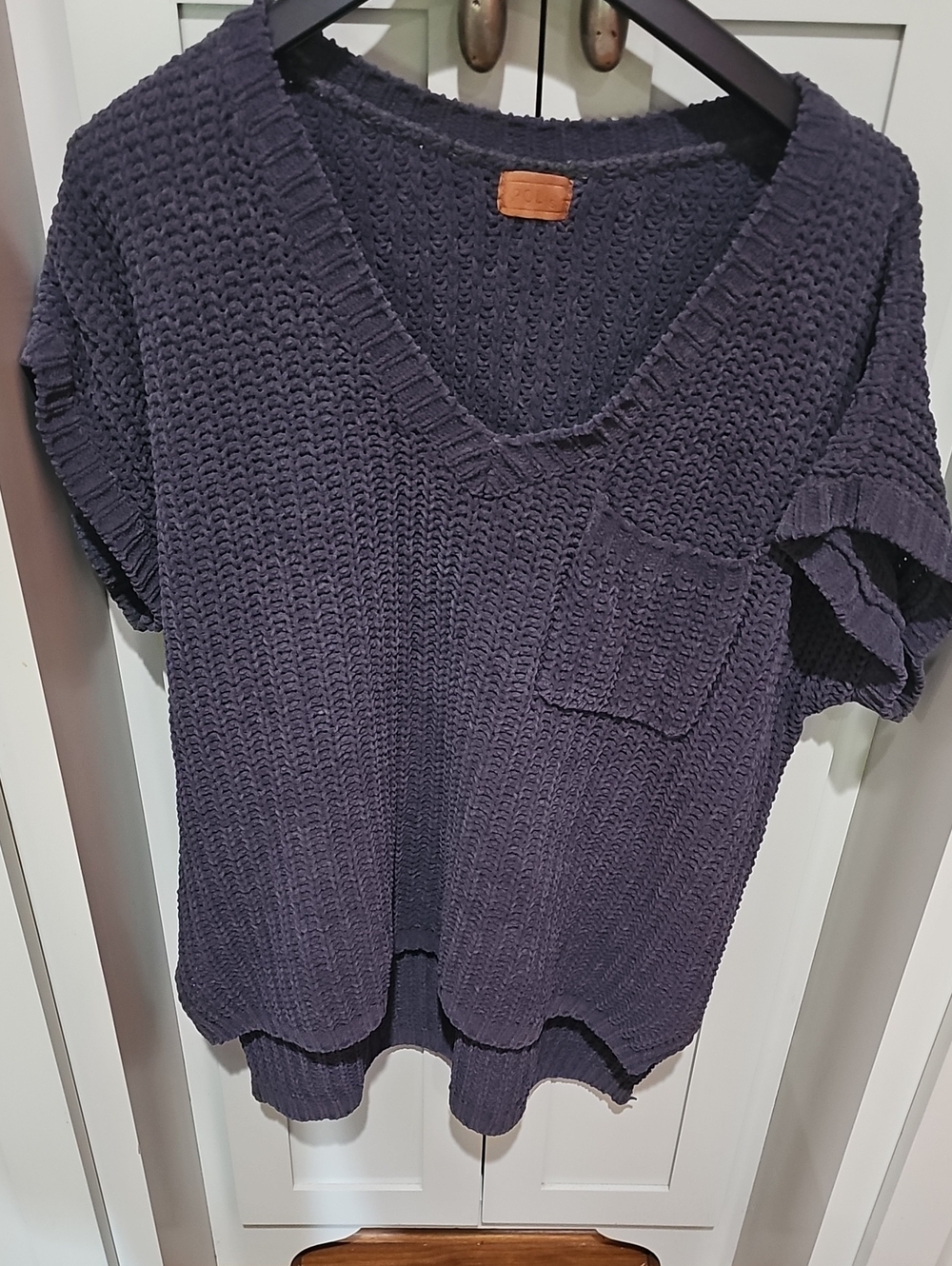POL Navy Blue Chunky Knit V-Neck Sweater with Pocket-Oversized Would Fit Up To L